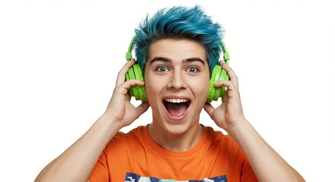 A young man with blue hair and green headphones is smiling widely with an expression of joy.