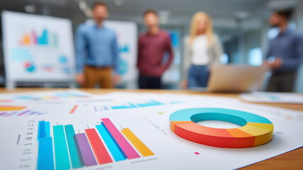Business meeting with printed charts and donut graph illustrating quarterly results and strategic planning.
