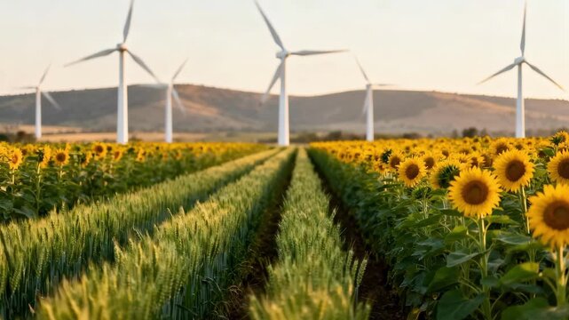 Medium shot of a farm integrating crop rows with wind turbines showcasing efficient dualpurpose land use for sustainable agriculture and renewable energy.