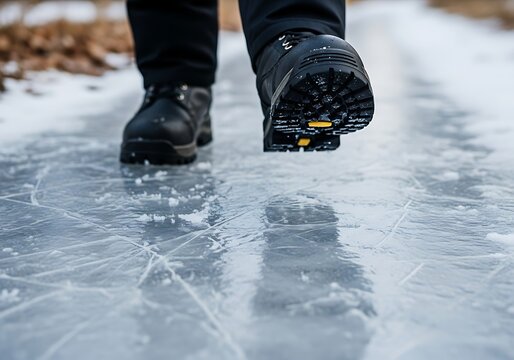 Navigating winter's icy grip: A cautious stride across frozen terrain demonstrating safety footwear