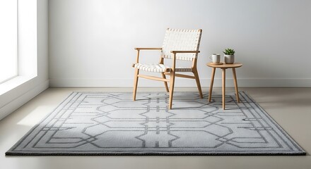 Fototapeta premium Serene living space with a woven chair, table, and geometric rug