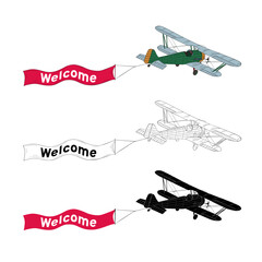 Classic biplane with red welcome banner