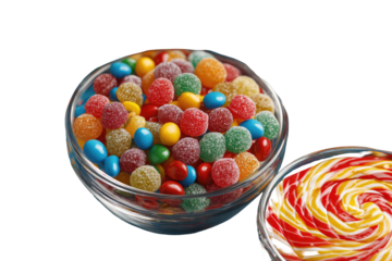Colorful candies in clear glass bowls