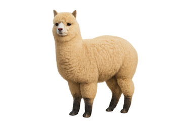 Naklejka premium Alpaca standing, looking forward, cute fluffy animal with thick wool fur, camelid creature, livestock pet