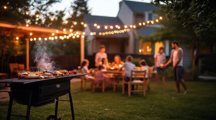 Backyard barbecue family gathering under warm string lights creates perfect summer memories full of laughter and delicious food grilled outdoors