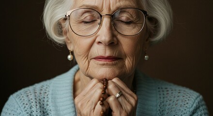 Serene elderly woman with glasses, eyes closed, praying with rosary beads in folded hands.