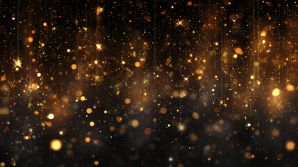 Naklejka premium Abstract festive background with gold glitter, Christmas particles, glowing light flare, confetti, sparkle stars, magic dust, luxury texture, shiny glow, celebration illustration Stock Illustration