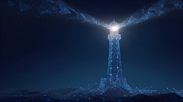 Abstract digital lighthouse with a bright beam on a dark blue technology background in a futuristic style. Guiding light and business vision concept. Low poly wireframe vector illustration.