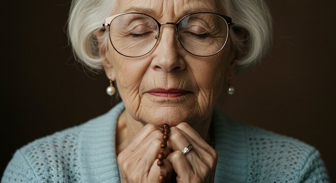 Serene elderly woman with glasses, eyes closed, praying with rosary beads in folded hands.