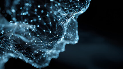Abstract human head consists of connected dots, lines, and polygons flows into the wires of a circuit. The silhouette of a cyborg in low poly blue. AI face concept. Artificial Intelligence background.