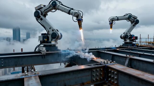 Cloudy weather surrounds robotic welders assembling steel beams atop highrise infrastructure illustrating innovation in challenging environments.