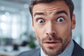 Obraz premium Businessman widening his eyes in sudden shock, reacting dramatically to unexpected news.
