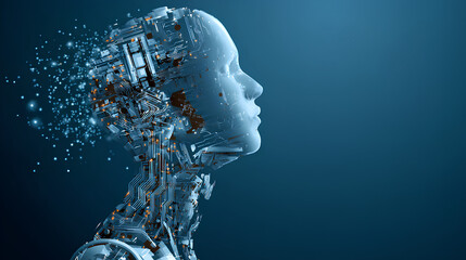 AI Humanoid Face Concept. Technology Digital Robot Head Side View with Circuit Board Components. Tech Blue Background. Artificial Intelligence Agent or Assistant Concept. Vector Digital Illustration. 