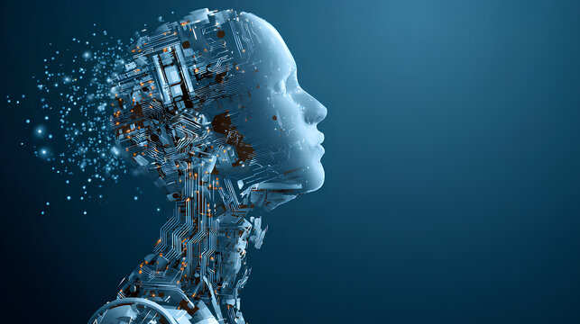 AI Humanoid Face Concept. Technology Digital Robot Head Side View with Circuit Board Components. Tech Blue Background. Artificial Intelligence Agent or Assistant Concept. Vector Digital Illustration.