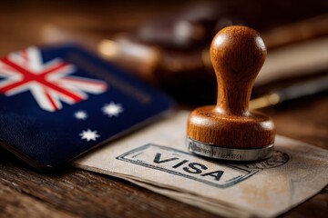 A focused close-up captures a vintage-style wooden rubber stamp poised above an official document, clearly displaying the bold, dark ink impression of "VISA." The scene is set on a warm, rustic wooden