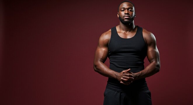 A muscular man confidently stands in a tank top with a deep red backdrop showing off his physique.