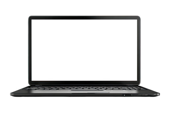 Front view of a dark gray laptop with a blank white screen