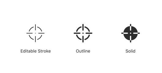 Minimal target or focus point icons in three modern styles — editable stroke, outline, and solid. for design elements related to focus, aim, location, or accuracy, crosshair indicators, precision icon