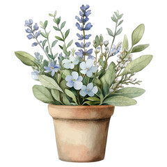 Watercolor Lavender and Wildflowers in Terracotta Pot Vector Clipart
