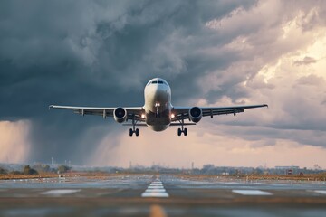 A powerful commercial airplane is captured in a dynamic moment of either takeoff or landing, its bright lights illuminating the landing gear against a dramatic sky. Dark, brooding storm clouds gather 