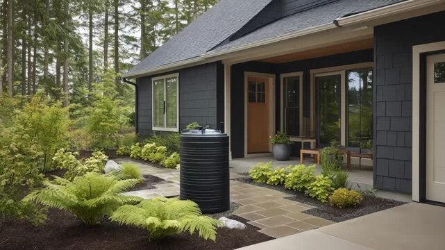 Medium shot of a residential backyard showcasing a rainwater collection barrel connected to roof gutters for ecofriendly water reuse.