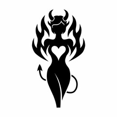 Devil Woman Silhouette with Horns and Heart Shape in Black
