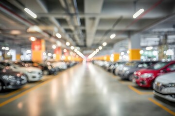A visually dynamic and abstract scene captures the essence of a modern indoor parking facility or vehicle showroom, depicted with a captivating bokeh effect. Rows of softly blurred automobiles, showca
