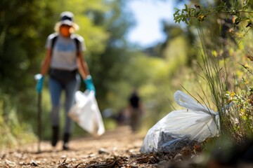 A plastic bag filled with collected debris rests prominently on the ground amidst sun-dappled foliage and a natural pathway. In the blurred background, a person wearing protective gloves walks, carryi