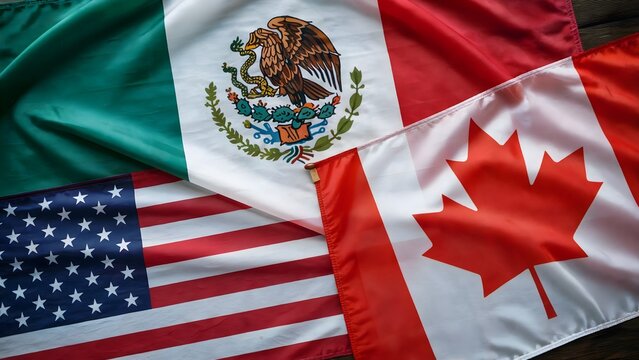 North American Flags &ndash; United States, Mexico, and Canada &ndash; International Relations and Trade Concept