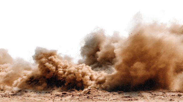 Brown dust and sand smoke cloud on white background. Soil particles, sandstorm effect, rising smog and fog overlay. texture for design and compositing Stock Illustration