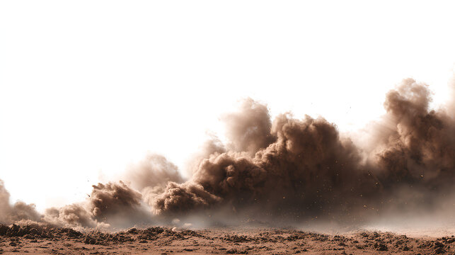 Brown dust and sand smoke cloud on white background. Soil particles, sandstorm effect, rising smog and fog overlay. texture for design and compositing Stock Illustration