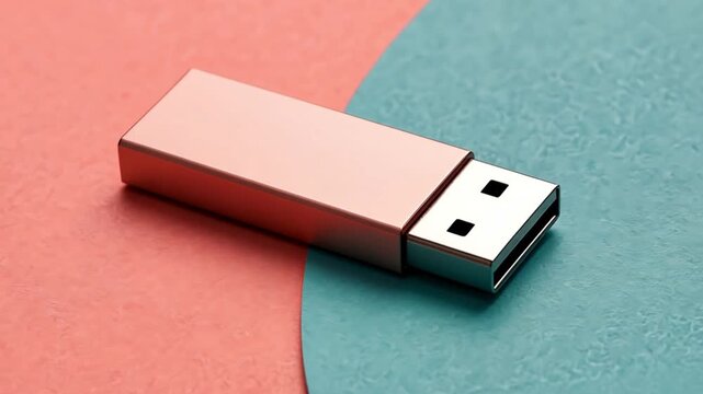 Rose gold USB flash drive resting on a pastel bicolor background, representing data transfer and modern technology