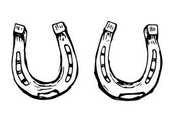 Horseshoes black and white hand-drawn illustration vector element clipart.