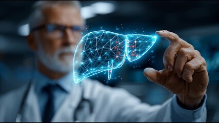 Doctor interacts with futuristic holographic liver projection in high-tech medical lab, innovation and technology concept