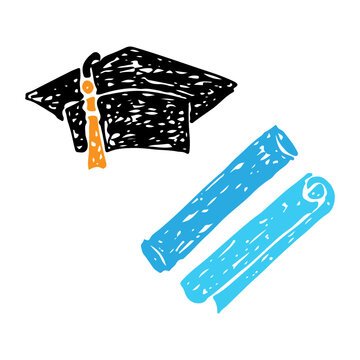 Graduation cap, diploma scrolls, education vector doodle hand drawn icon.