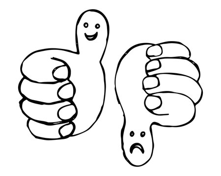 Thumbs up and thumbs down gestures, with sad and happy cartoon face doodle vector.