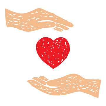 Human hand with red heart floating, protection, donation, charity, love, care, giving, receiving vector symbol.