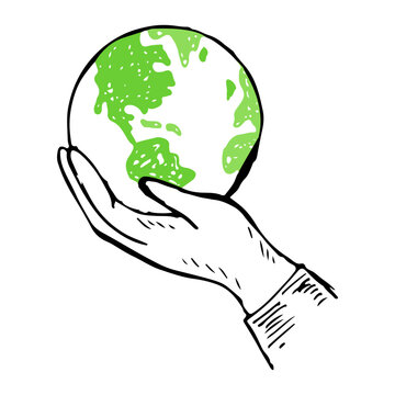 Human hand gently holding the Earth Globe, vector environment concept art.