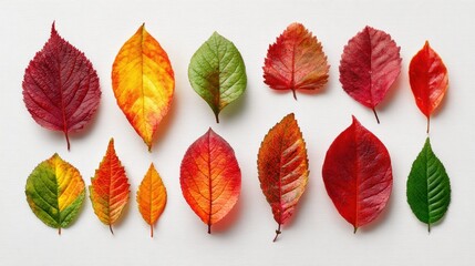 Obraz premium Bright autumn leaves in shades of red yellow and green create a captivating display on white.