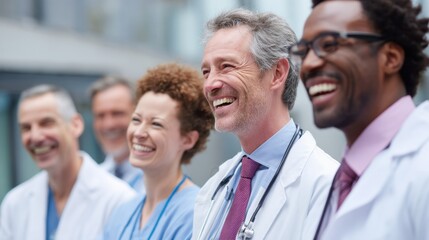 Healthcare workers smile and share laughter outdoors celebrating teamwork and success together.