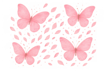 Pink watercolor butterflies and flying petals design for spring, nature, and beauty concepts on transparent background
