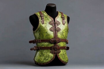 An intricately crafted light green garment, possibly a vest or stylized armor piece, is elegantly displayed on a black mannequin against a neutral gray background. The item features a unique leather-l