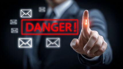 Obraz premium Hand pressing a glowing DANGER alert among email icons, warning about phishing attempts and inbox security threats. 