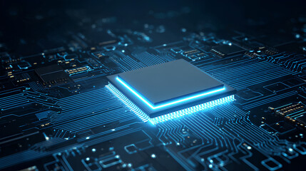 CPU with Light Glowing Neon Frame on Circuit Board. Technology Semiconductor on Blue Background. Empty AI Chip. Digital Tech Bg. Big Data and Artificial Intelligence Concept. Vector Illustration. 