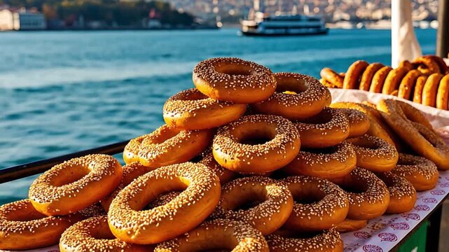 Freshly baked simit bread rings with sesame seeds on display, ferry and city skyline in the background