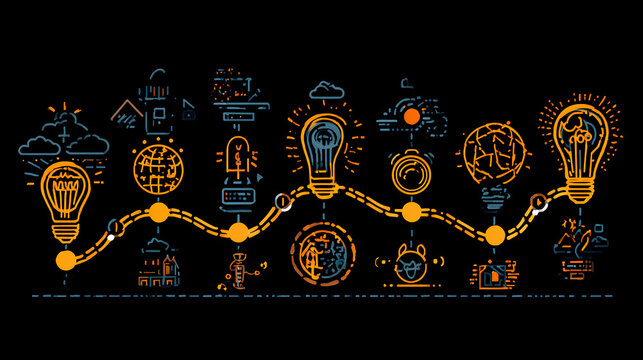 Creative idea generation for new product development concept. Creative thinking and innovation. Roadmap with stages of innovation icons, generating creative idea process for product developmement.