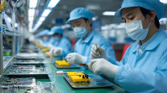 男性実習生が工場で精密部品を扱う