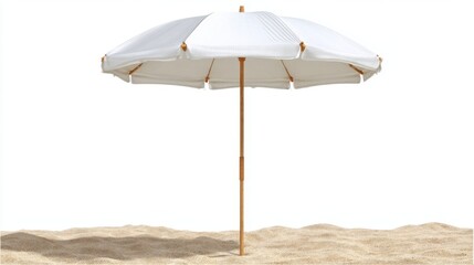 Obraz premium A white beach umbrella provides shade on warm sand inviting beachgoers to unwind and enjoy summer.