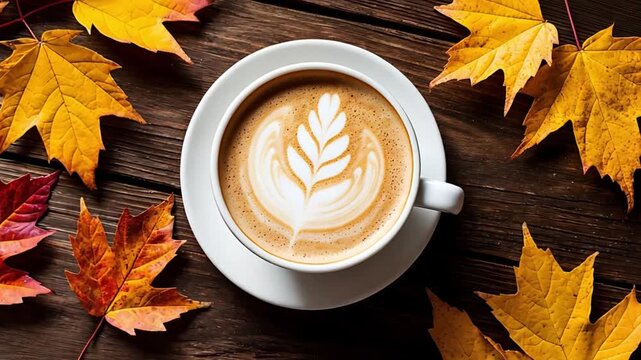 Coffee latte with beautiful art design sitting on a wooden table, surrounded by vibrant golden and red autumn maple leaves