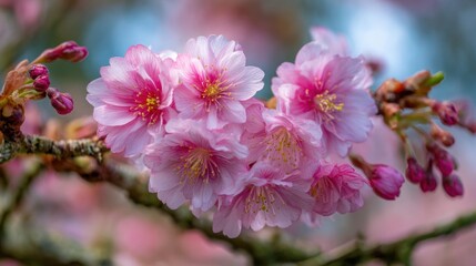 Delicate cherry blossoms open their petals filling the air with beauty and serenity in springtime.